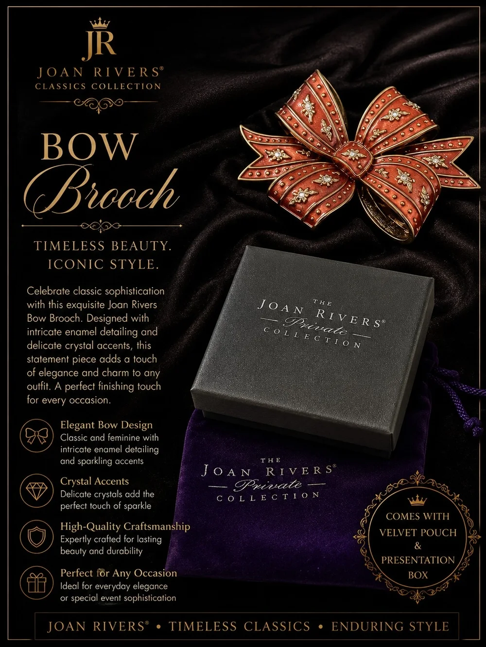 Joan Rivers Red Burgundy  Enamel Bow Brooch with Gold Accents